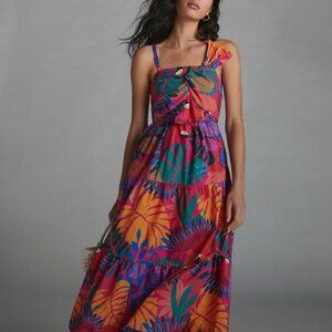 FARM RIO Pink Orange Macaw Tropical Print Box Maxi Dress M